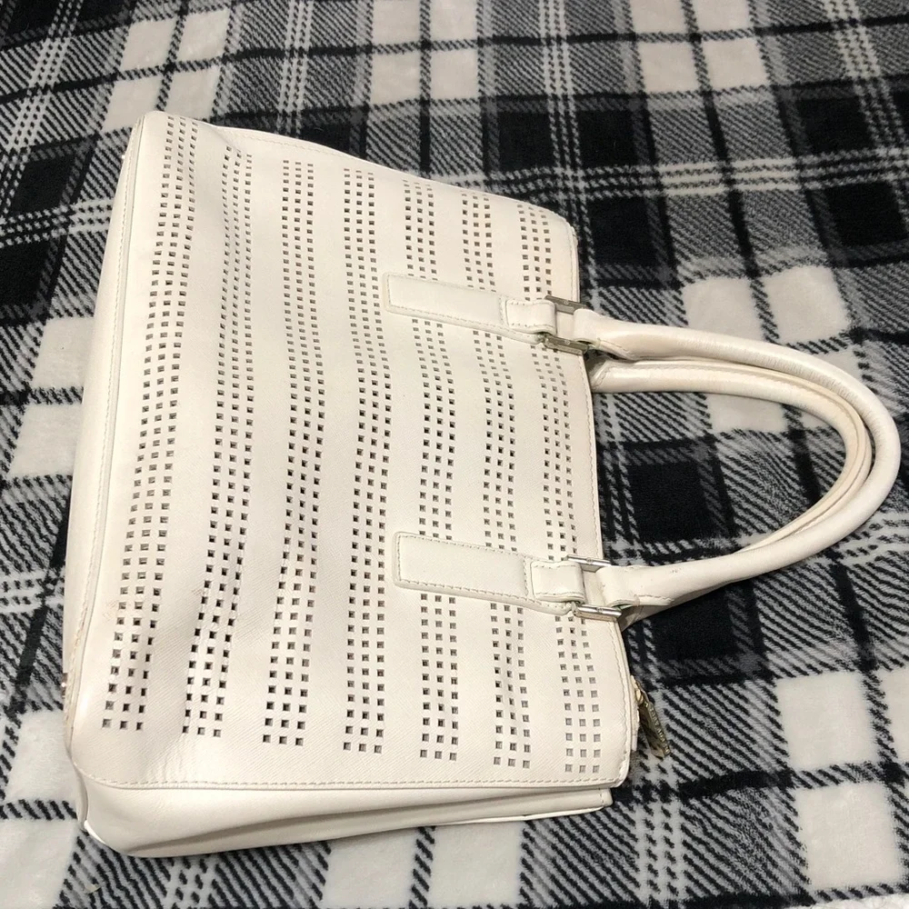 Tory Burch White Perforated Leather Tote with Gold Logo